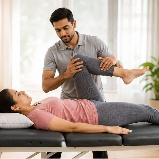 Physiotherapist performing knee rehabilitation exercises with a patient in a home setting