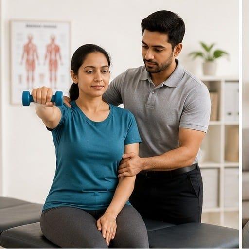 Physiotherapist performing manual therapy on patient's shoulder during home physiotherapy session