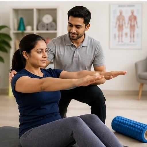Physiotherapist guiding patient through therapeutic exercises during home visit rehabilitation session
