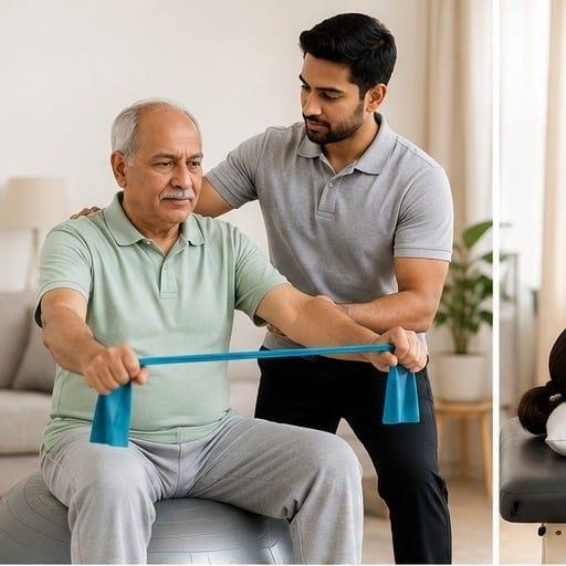Physiotherapist guiding patient through therapeutic exercises during home visit rehabilitation session